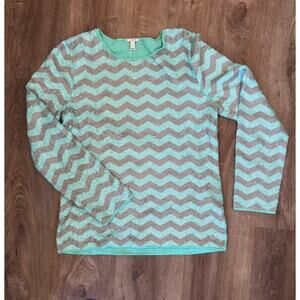 J Crew Ladies Top Sequins Chevron Stripe Mint Green & Taupe Size Medium EUC